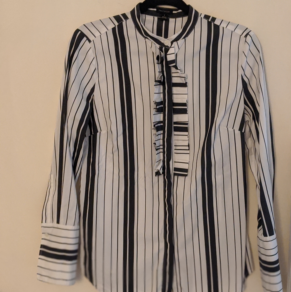 Ann Taylor Striped Ruffle Popover Blouse